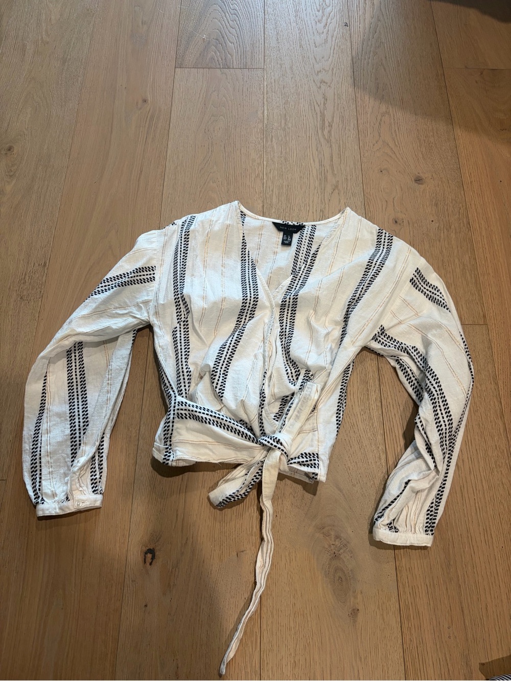New Look White Blouse with Black Stripe Tie-Front